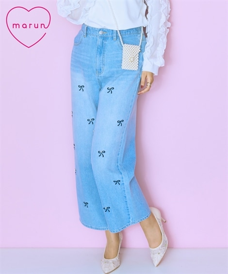 ロングパンツ 大きいサイズ リボン刺しゅうパール調デニムパンツ　marun