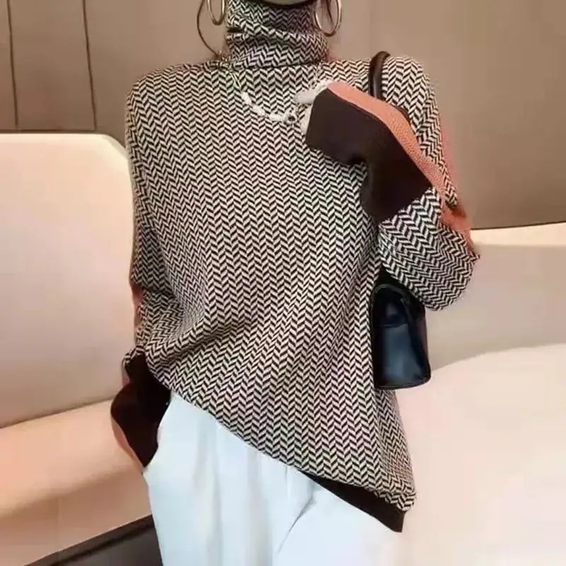 小柄 英国風 タートルネック 2色袖 ベージュニット スリム ストライプ レイヤード 長袖 ック ニット