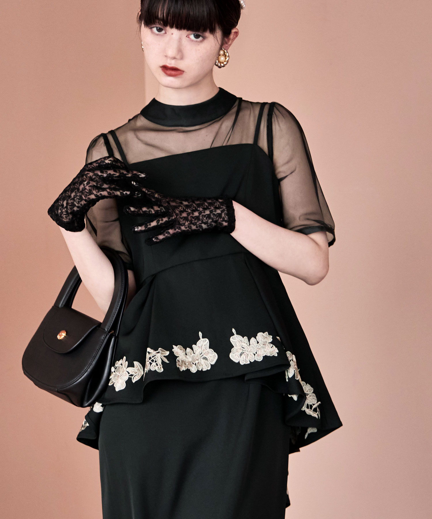 刺繍ペプラムビスチェ＆Iラインドレスセットアップ ワンピース ワンピ ドレス 半袖 ロング マキシ丈 オケワンピ 刺繍 タイトドレス キャミソール ビスチェ 2ピース セットアップ ペプラム レース