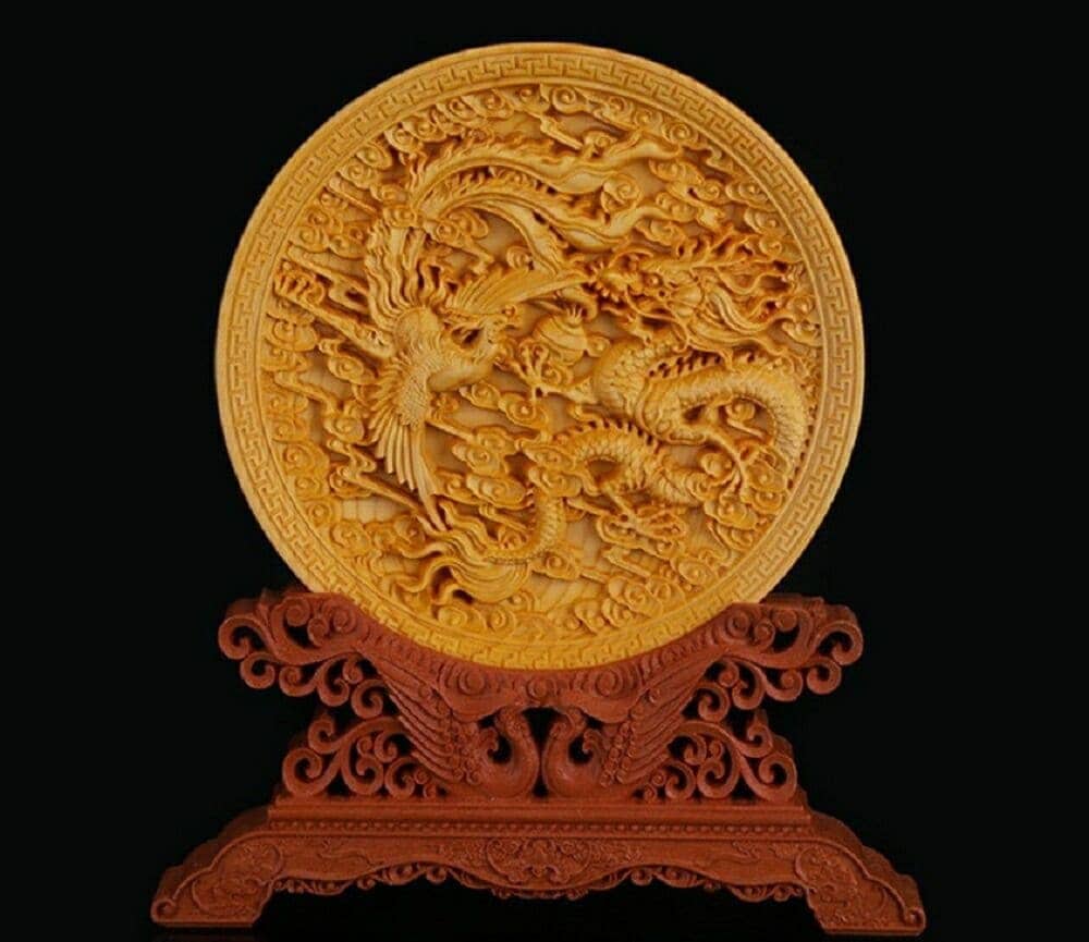 特別価格龍 鳳凰 皿 極上彫り 直径約145mm 台付き 木彫り 龍神＆鳳凰 風水 インテリア 彫刻 仏像 縁起物 祈る 開運 スピリチュアル プレゼント 贈り物 ギフト お土産 お