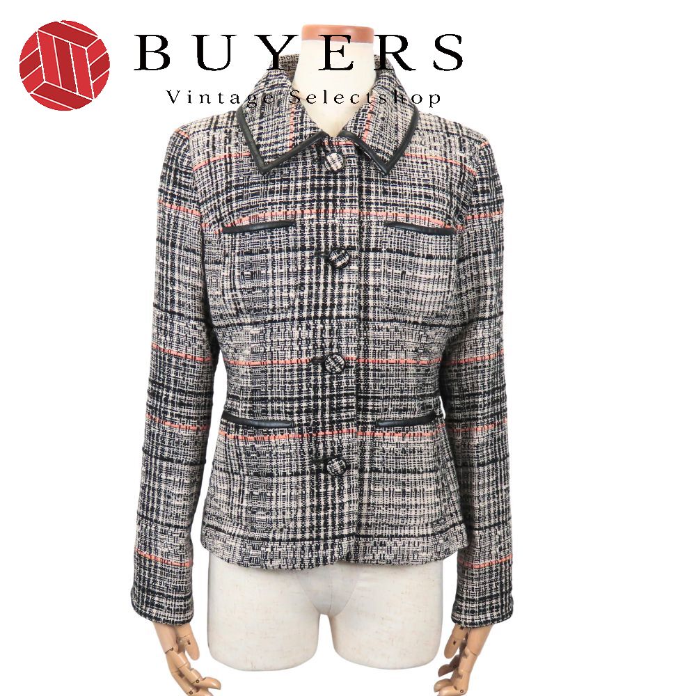 中古 テーラードジャケット ツイード 40 ウール 綿 合成皮革 ブラック ベージュ オレンジ 2WAY ノーカラー アパレル レディース 女性