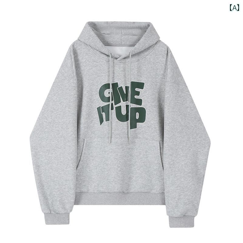 パーカー レディース カジュアル 快適 アメリカン レトロ プリント グレー フード付き ベルベット スウェットシャツ 女性 秋冬 トップス