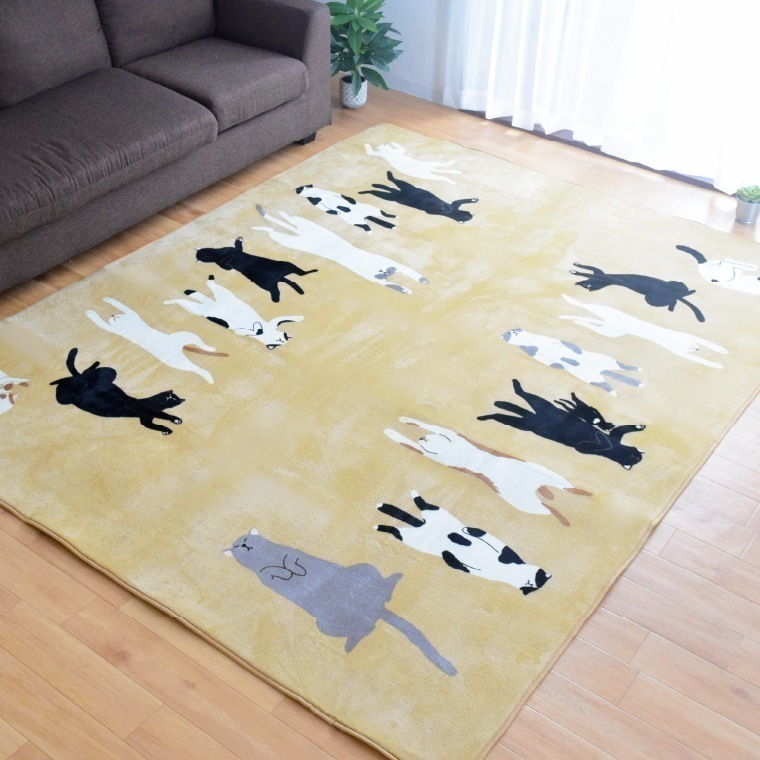 ラグ 洗える ラグマット カーペット 猫 約200×250cm 3畳 おしゃれ 厚手 15mm 猫柄 ホットカーペット 対応 雑貨 オールシーズン 夏 フランネル 猫の日 三毛猫 インテリア かわいい
