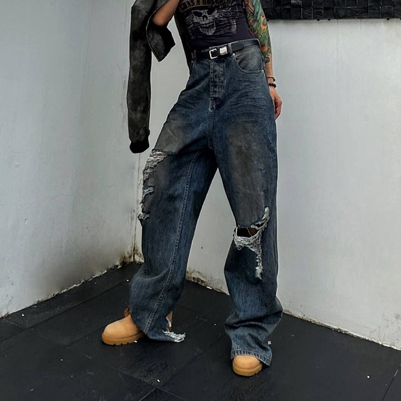 2024 ファッション ダメージデザインの個性と汎用性の高いハイウエスト スリム パンツを備えたリップド ジーンズ