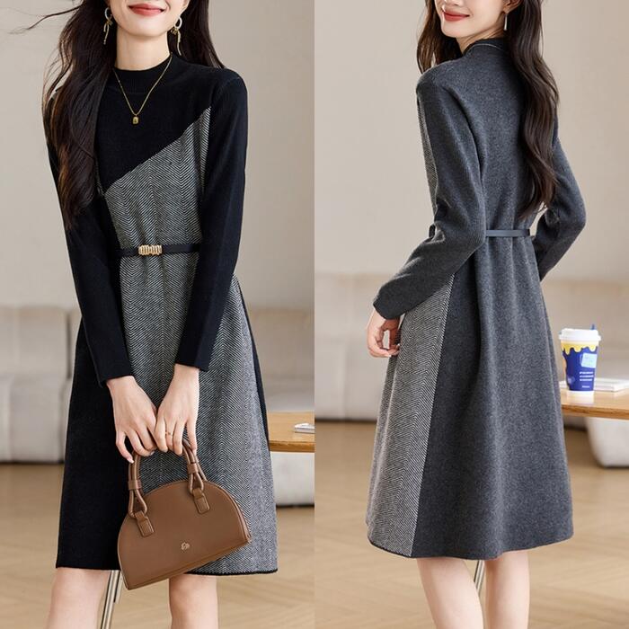 ワンピース ワンピ ドレス ニット ウール混 切り替え アシンメトリー ハイネック レディース エレガント きれいめ カジュアル 大人 可愛い フェミニン 長袖 ひざ丈 上品 ウエストベルト ブラック 5,150円