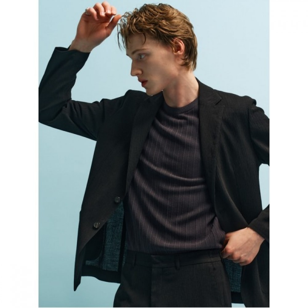 （ロガディス）コットンブレンドヘリンボーン半袖ラウンドセーター-アッシュ（RY4351P534）