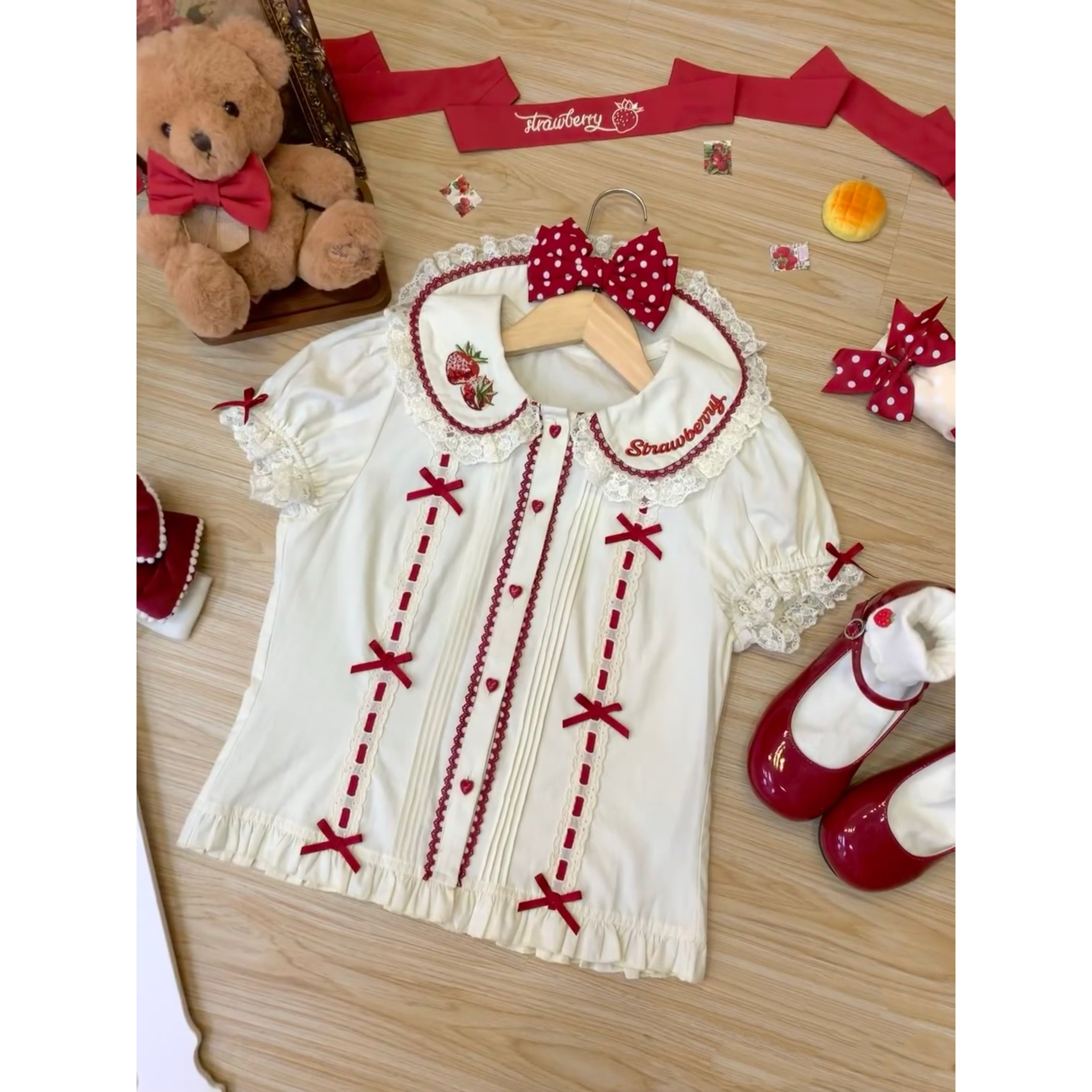 Lolita夏型自作インナーロリータ人形襟かわいい刺繍いちご半袖jskレギンス