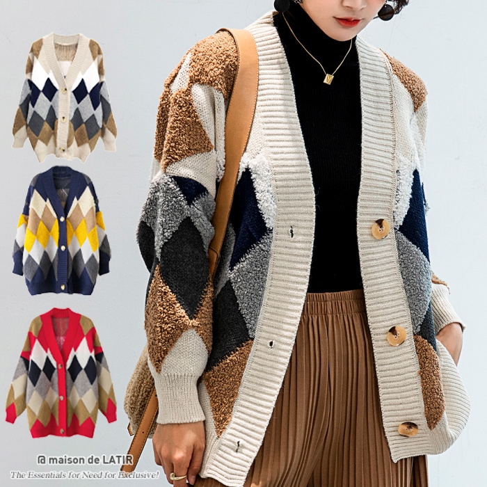 カーディガン アーガイル ダイヤ チェック 厚手ニット 長袖 カジュアル レトロ トップス アウター 羽織り　あったかい　アウター コート 上着 ロングカーディガン　防寒対策　女性 女性用　レディ韓国
