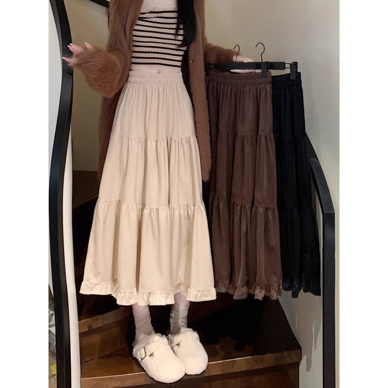 【1つ買うと10つ無料】穏やかなスタイルのスプライシングケーキスカート秋と冬2025年秋2025年脂肪 ハイウエスト女性のためのスリムミッドレングス大きなヘムスカート