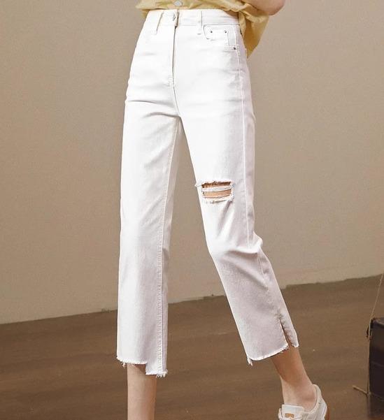 ダメージ ジーンズ レディース 夏 ボトムス ストレート ハイウエスト スリム 体型カバー 九分丈 クロップド ポケット 普段使い カジュアル 白 黒