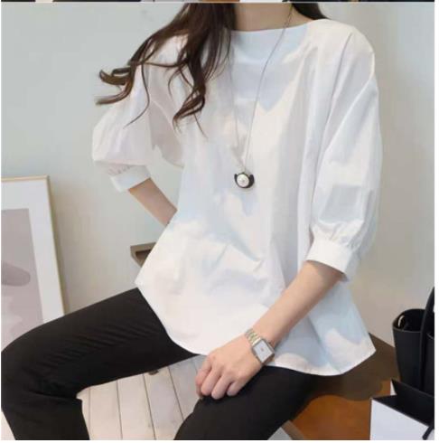 韓国ファッション ニッチ カジュアル レトロ ルーズ スリム デザイン ラウンド ネック 無地 シャツ レディース