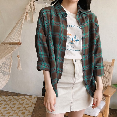 韓国ファッション2PER2018 F/W新作ミントチョコチェックシャツ送料無料/ハイクォリティー