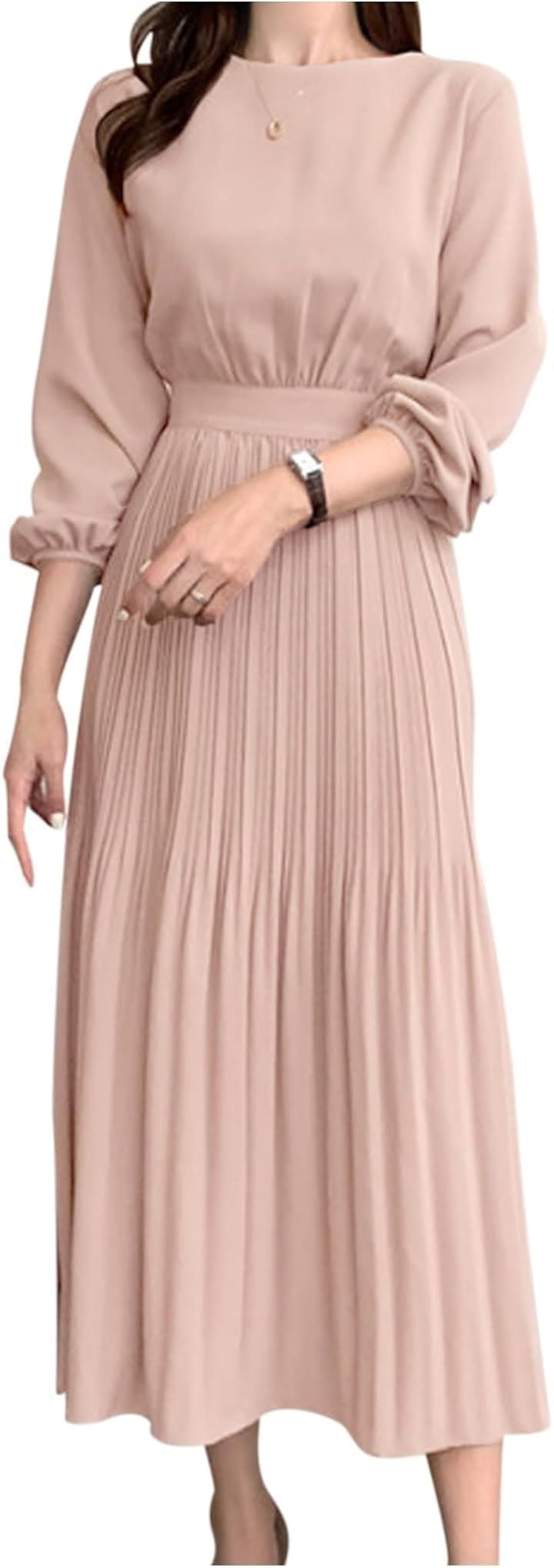 レディース ワンピース ドレス プリーツ クラシカル 長袖 パーティ 無地 ロング丈 大人 オフィス 春 秋 冬 NC405PKXL(ピンク, XL) 5,080円