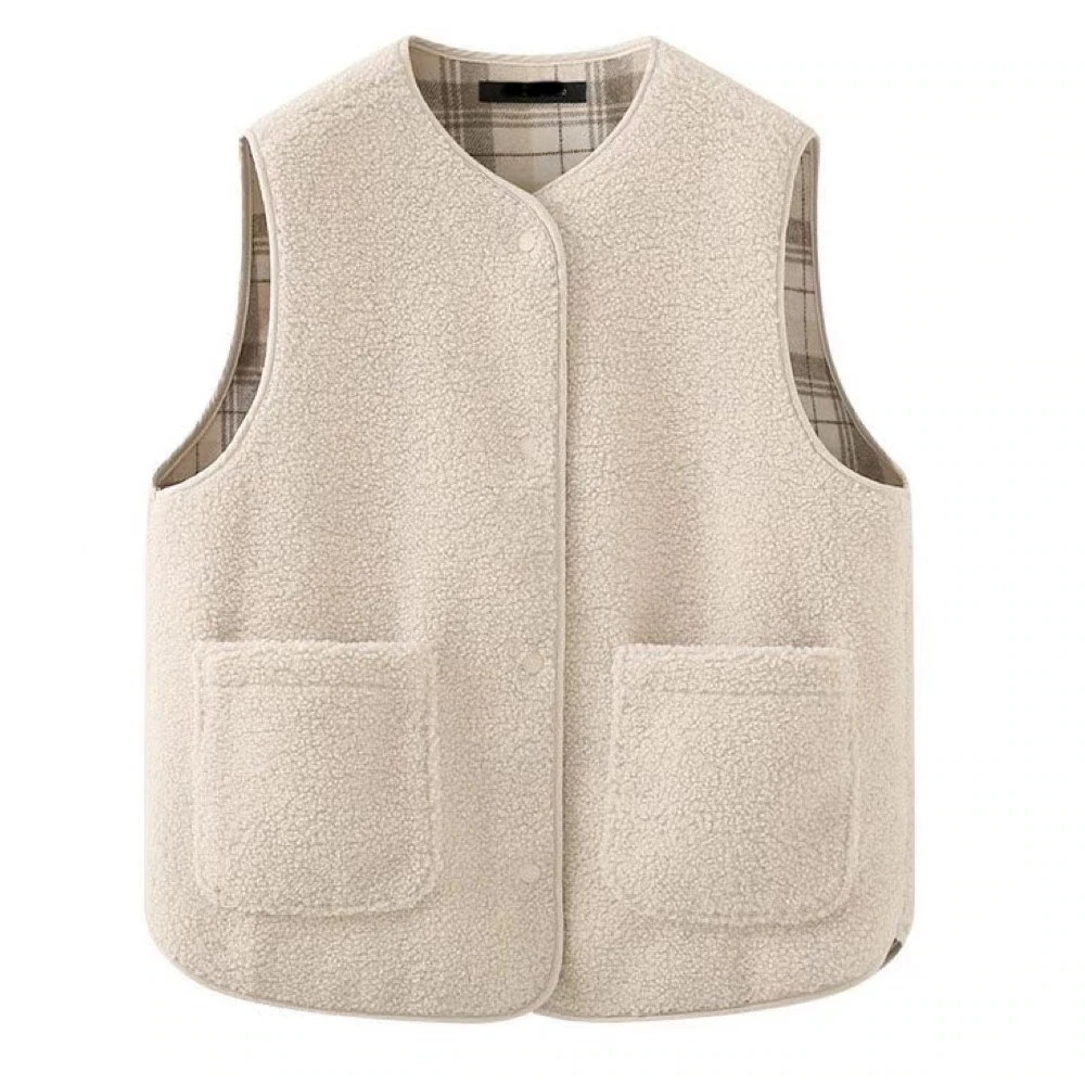 [最安値挑戦]！裏面チェック柄 冬服 上着 保温 防寒 秋冬 ポケット付き ノースリーブ ジャケット アウター あったかボア レディース リバーシブルボアベスト