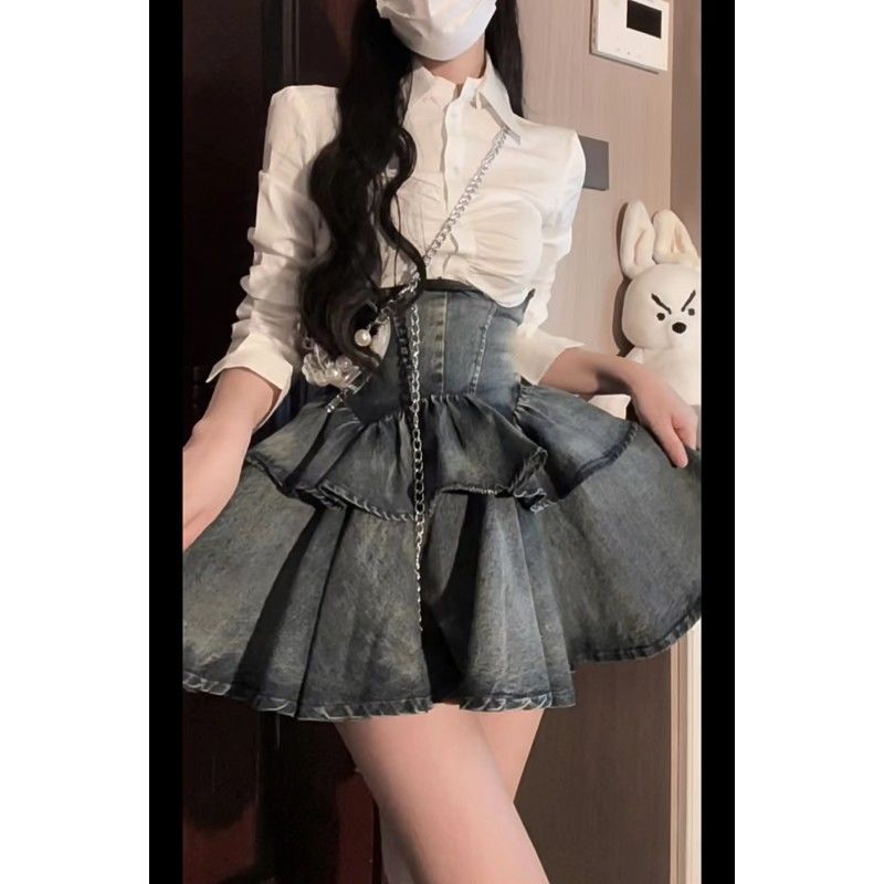 パーティードレスドレス ギャルデザイン感プリーツシャツ＋ハイウエストデニムスカート 2点セットドレス