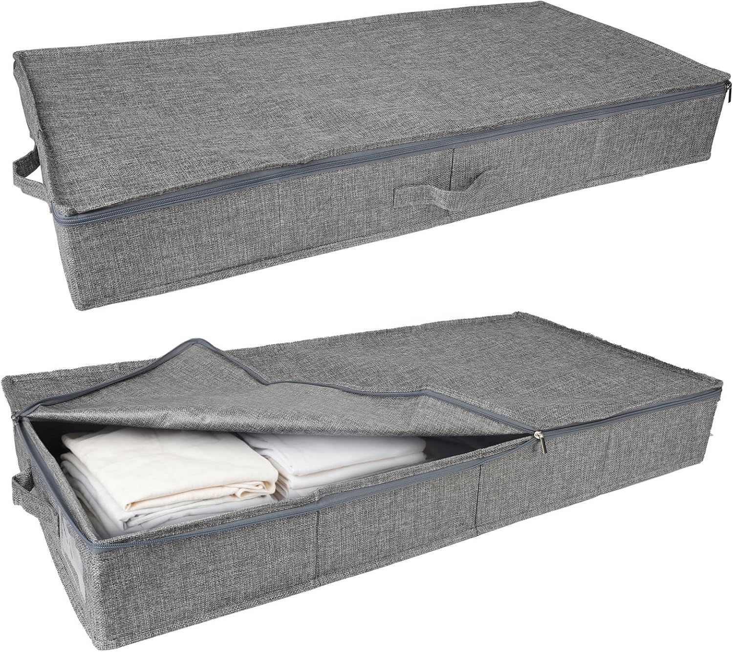 リネン製折りたたみ収納ボックス グレー 85x40x12cm ジッパー付き ベッド下収納用