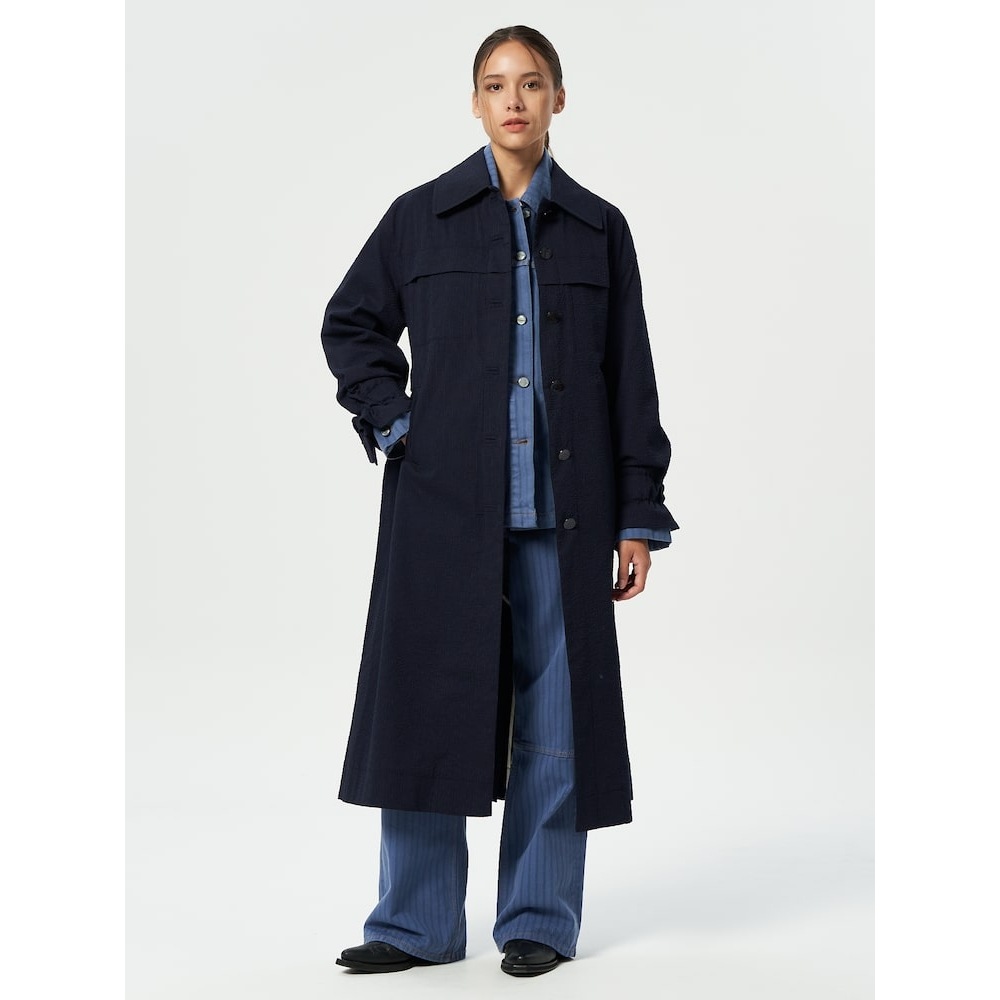 GANNI シーサッカーコットンロングコート-スカイキャプテン FW24/QN463TR01R