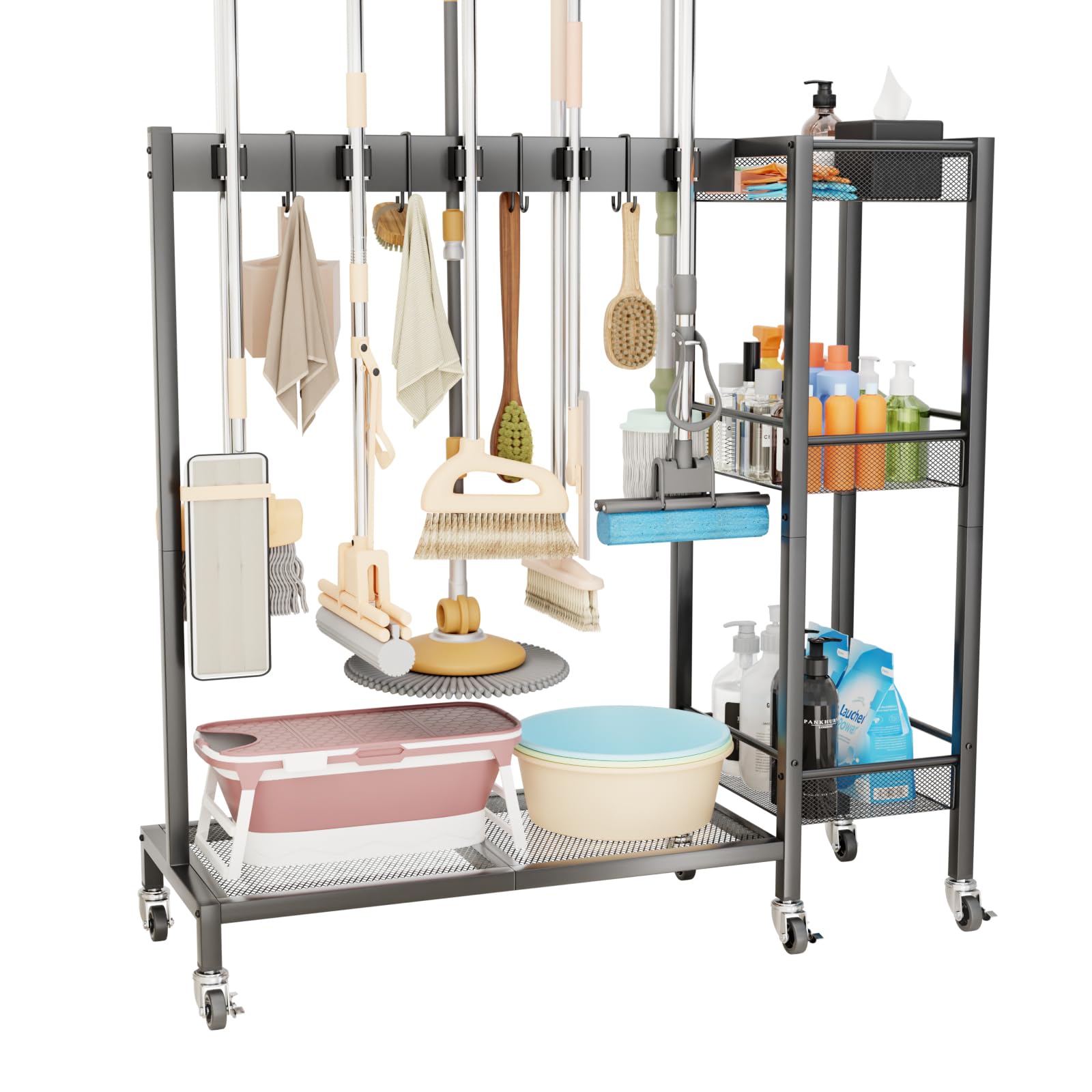 モップホルダー モップハンガー ほうきホルダー 掃除道具 可動式モップラック 耐荷重50kg 掃除用具入れ 大容量収納 最大10本 多機能 清掃用品収納ボックス付き 360度回転可能キャスター付き 隙