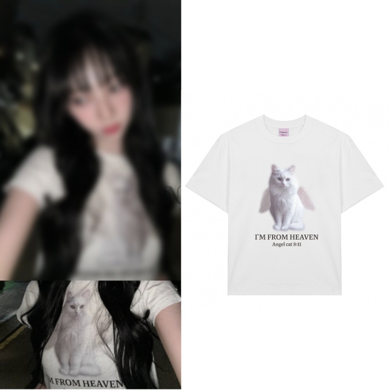 【aespa カリナ着用】ANGEL CAT T-SHIRTS VER.3_WHITE　猫Tシャツ