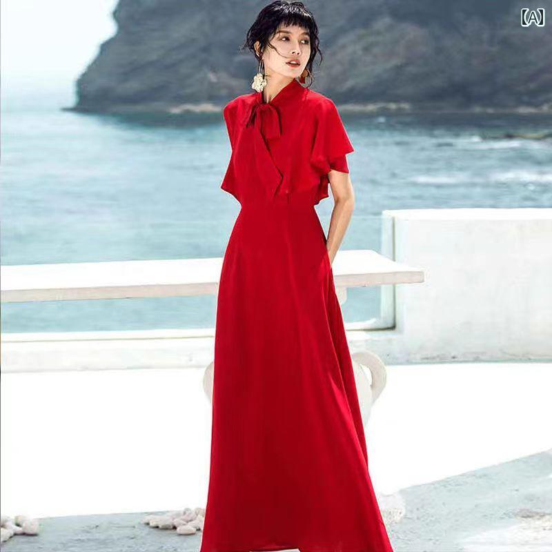ビーチ 無地 ドレス シンプル 海外セレブ風 女性用 春夏 ハイウエスト スリミング ロングスカート カジュアル リボン装飾 リゾートスタイル パーティ きれいめ
