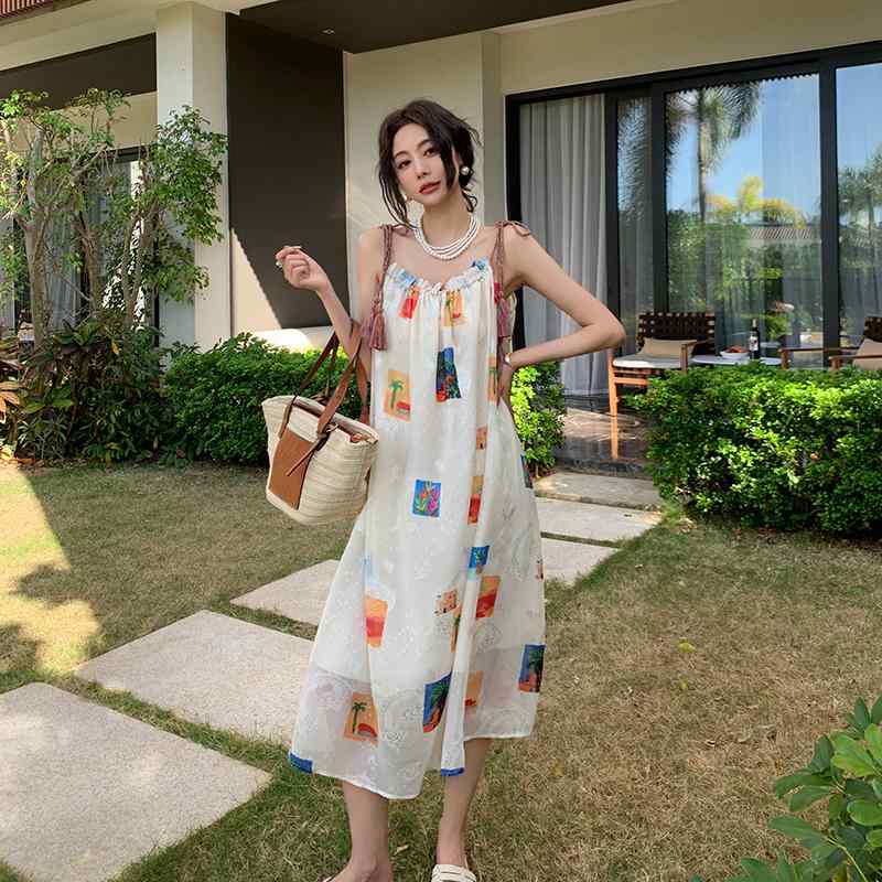 ワンピース レディース 夏 リゾート 旅行 写真撮影 海辺 バカンス プリント ドレス プルオーバー タッセル ビーチ スカート フェアリー 透け感 涼感 快適 カジュアル リラクシー 南国風