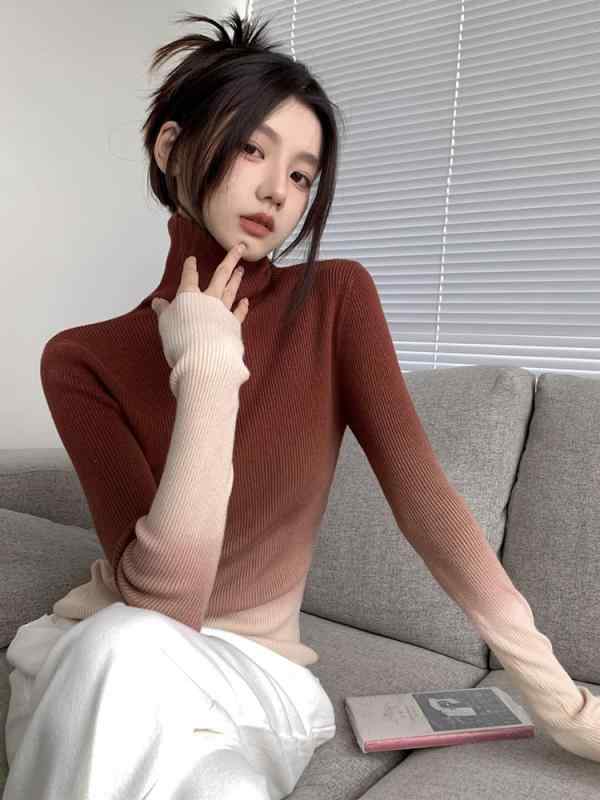 レディース トップス ニット オシャレ 韓国 スタイル カワイイ カジュアル セーター カーディガン 長袖 ニット 秋 冬 インナー デザイン ルーズ スタイル グラデーションカラー タートルネックセ