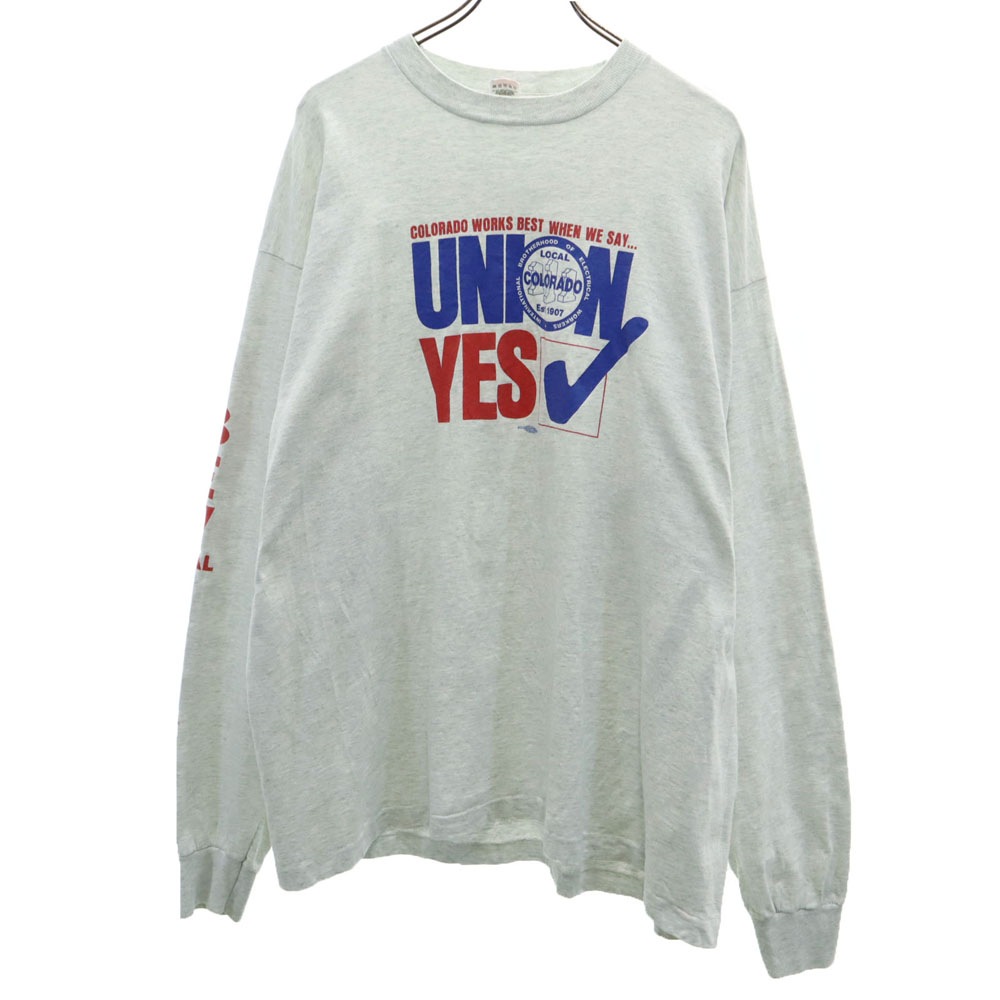 90s USA製 オールド 袖プリ 長袖 シングルステッチ Tシャツ XXL グレー ロンT メンズ