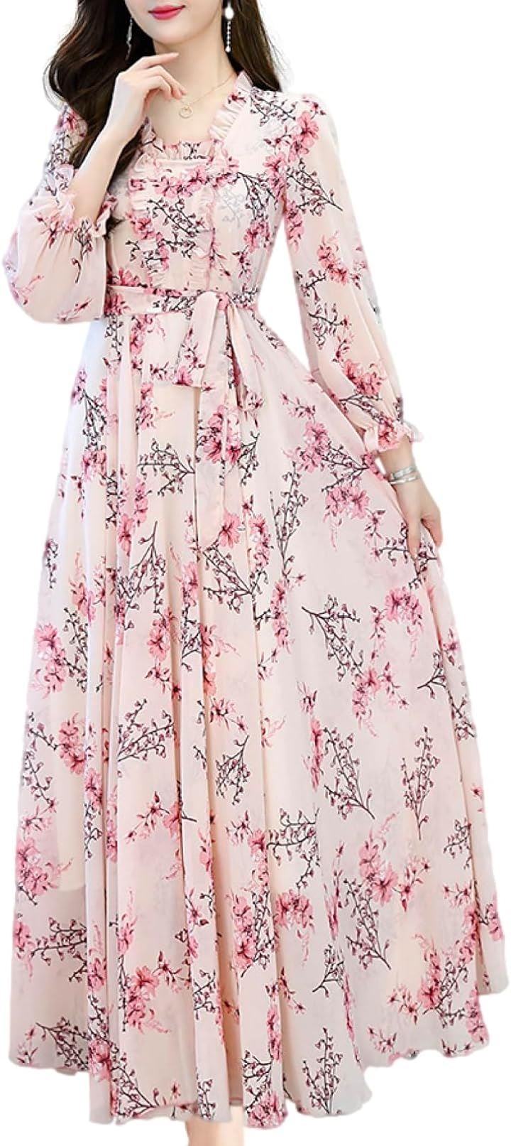 ワンピース レディース 春 秋 ロング きれいめ Aライン 花柄 フリル スクエアネック BN229 PNK( ピンク, S) 5,551円