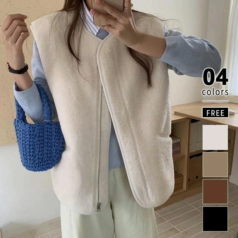 【2026年大人気】ボアベスト ボア ファー ベスト ジレ レディース シープ 前開き トップス ノーカラー ファーベスト コーデ おしゃれ vネック ファスナー もこもこ アウター ポケット付き ジ