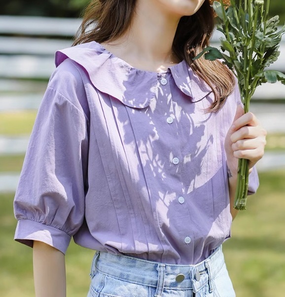 レディース トップス シャツ ブラウス ミディアム丈 5分袖 ボリューム袖 ケープ襟 ストレート タック タックプリーツ シフォン 薄手 大人可愛い カジュアル 上品 おしゃれ ガーリー 個性的