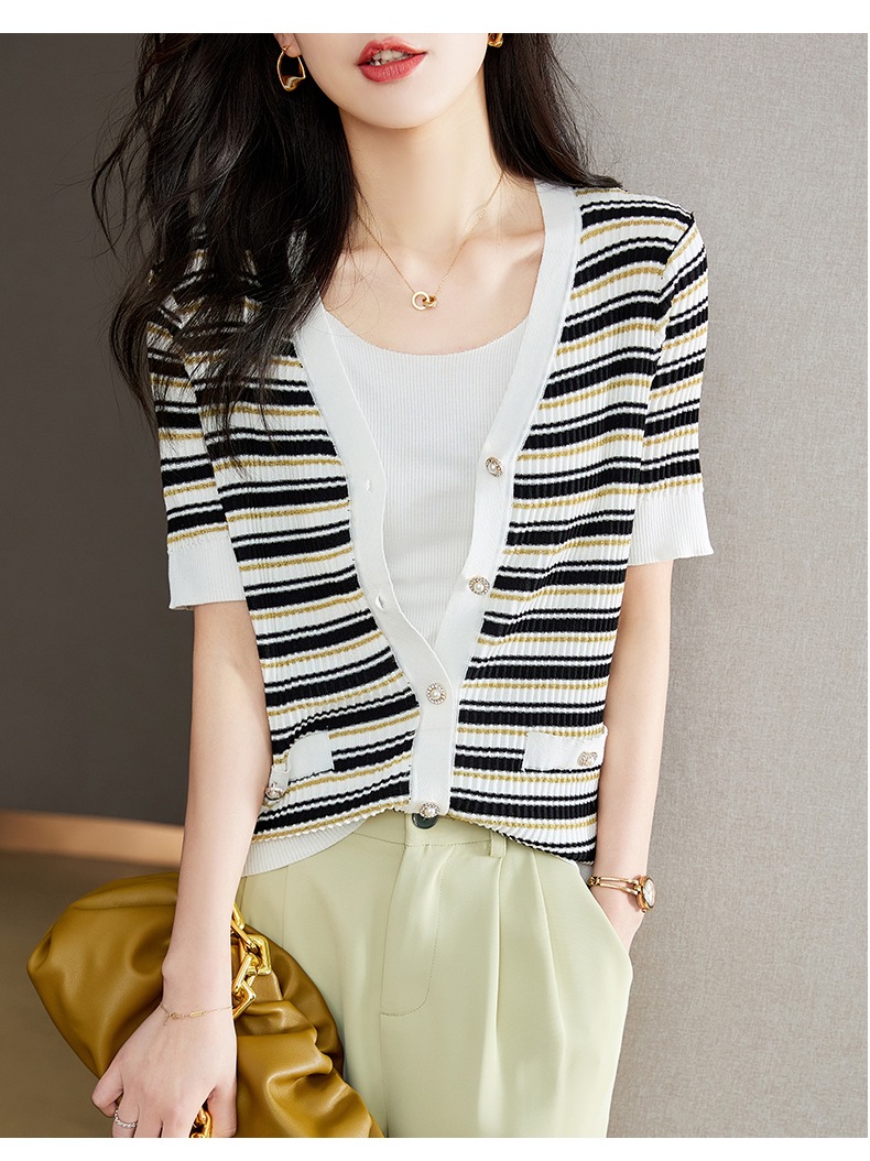 夏 レトロ ボタン V ネック 薄い ストライプ ニット カーディガン 半袖 レディース トップ ホワイト ブラック M L XL XXL トップス 袖あり かわいい 大人可愛い きれいめ シンプル