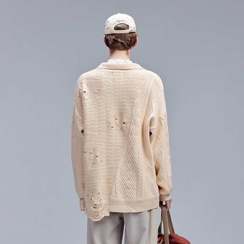 アプリコットカラー ツイストパッチワーク ホールセーター メンズ 秋冬 トレンド ヒップホップ 毛玉防止 ポロカラー セーター ルーズ