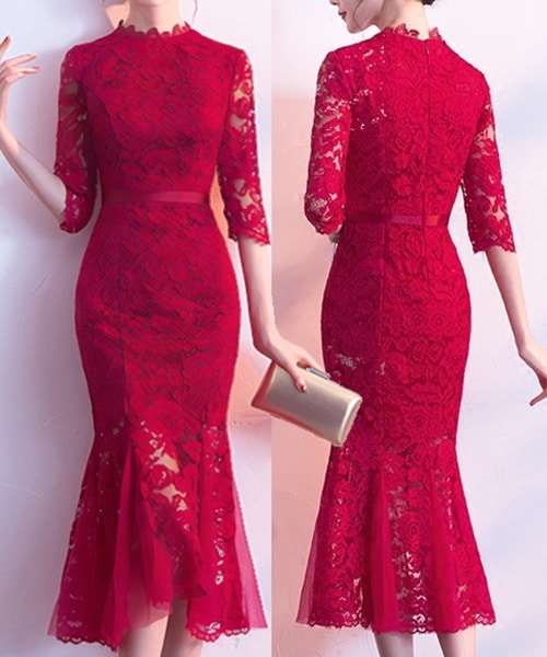 全６色５サイズ レディーストーストドレス プチレースフィッシュテールドレス チャイナドレス イブニングドレス シンプル パーティードレス クルーネック 花柄 タイト マキシ 七分丈 ミディアム