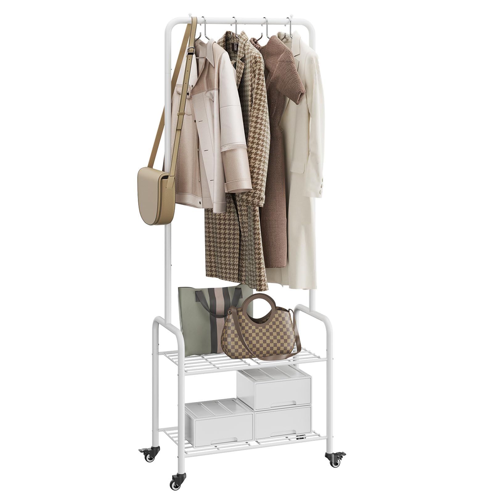 YMYNY ハンガーラック キャスターストッバー付き ステンレス製 防サビ加工 パイプハンガー 二重棚ハンガー 通気 耐荷重80KG 省スペース 大容量収納 組み立て簡単 トローリーハンガー クロー