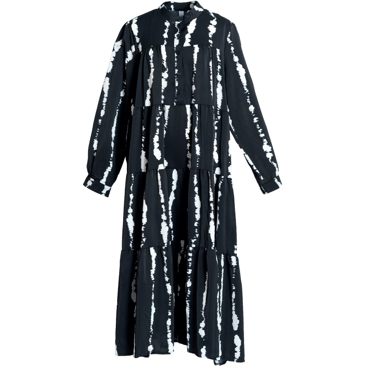 ティアードワンピース ワンピース レディース 秋 冬 長袖 柄 総柄 ロングワンピース シャツワンピース 洗練された都会的モノクロタイダイ風ティアードワンピース 長袖ワンピース フレアワンピース