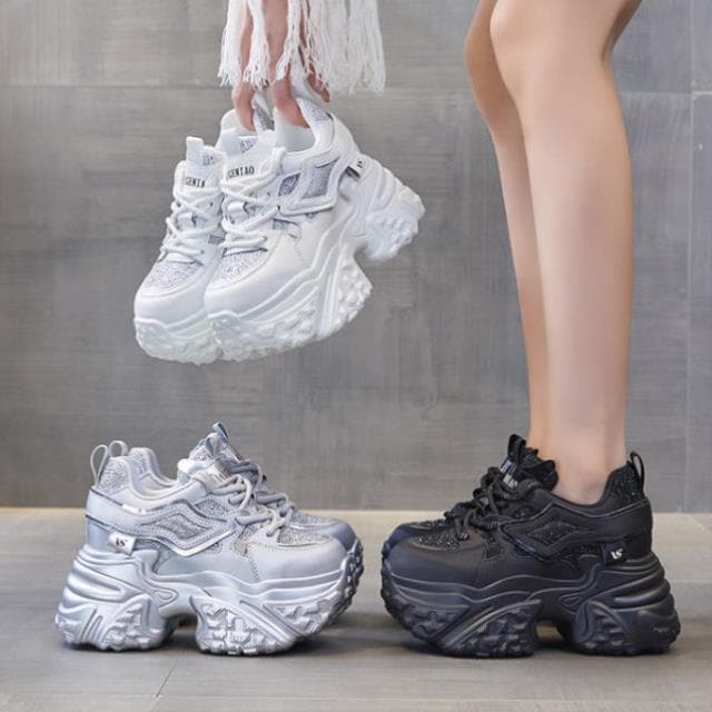 スニーカー レディース メンズ シューズ カジュアル ラインストーン 厚底 秋 ベージュ シルバー ブラック