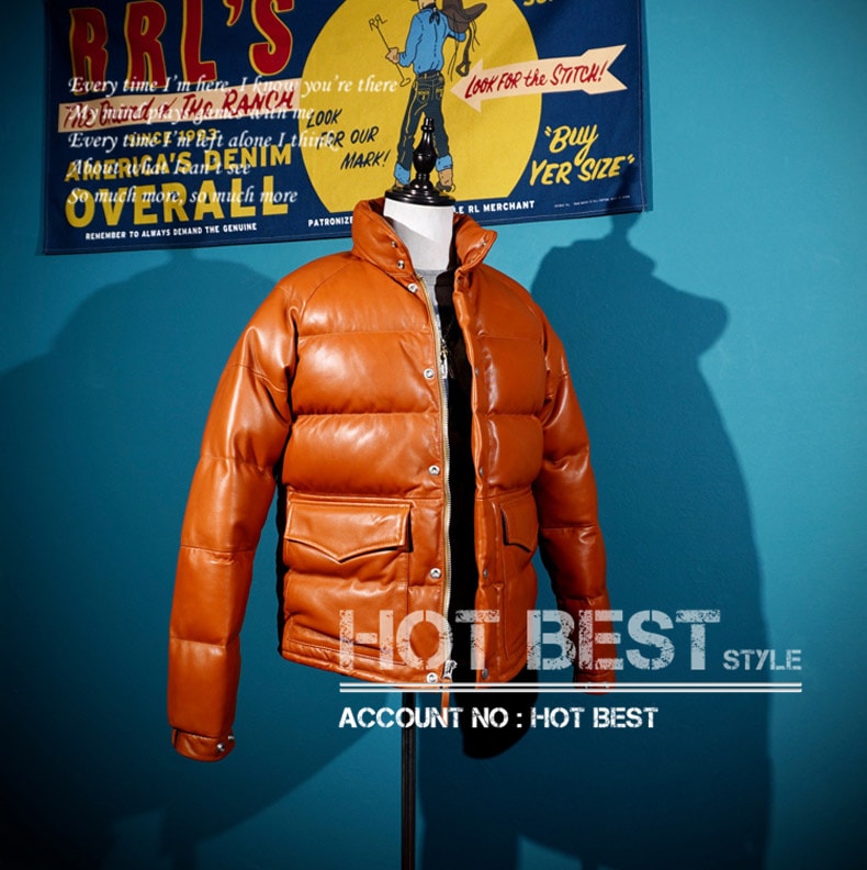 メンズ 本革 シープスキン 冬の定番 HERO オレンジ イタリアンレザー ダウンジャケット 羊革
