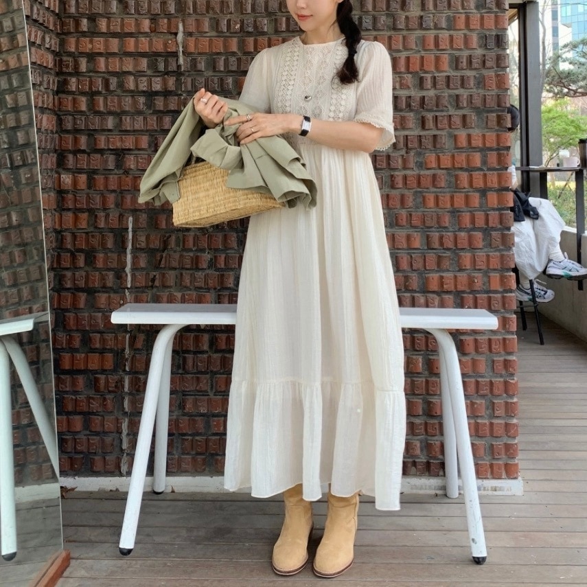 レディース ワンピース フレア ティアード ロング マキシ 5分袖 Uネック ラウンドネック Aライン フェミニン レース 刺繍 フリル かわいい 大人可愛い きれいめ シンプル 上品 おしゃれ