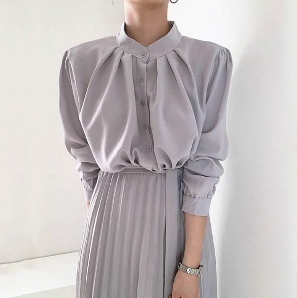 ワンピース ロング丈 長袖 スタンドカラー デザイン ボタン ウエストゴム タック 美ライン ニュアンス プリーツ カラバリ スタイルアップ ロマンチック かわいい 大人可愛い きれいめ シンプル 4,844円