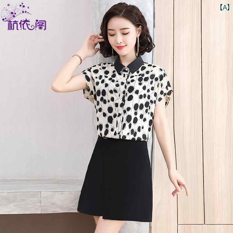 セットアップ レディース カジュアル おしゃれ デート 女子会 半袖 シャツ 夏 薄手 涼しい 涼しい 涼しい シャツ シック 美しい ドット シフォン シャツ トップス