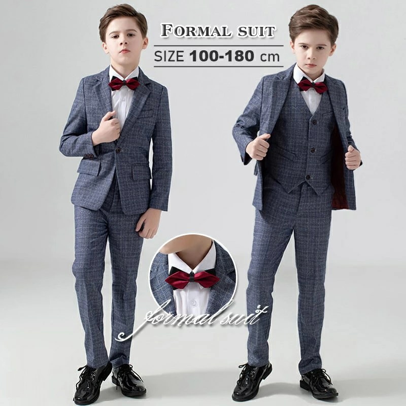 【4点セット】 子供 スーツ フォーマル 男の子 おしゃれ チェック柄 発表会 ピアノ結婚式 入学式 卒園式 七五三 誕生日 スーツ 子ども服 ジュニア 子供 タキシード ブレザー 100cm-180