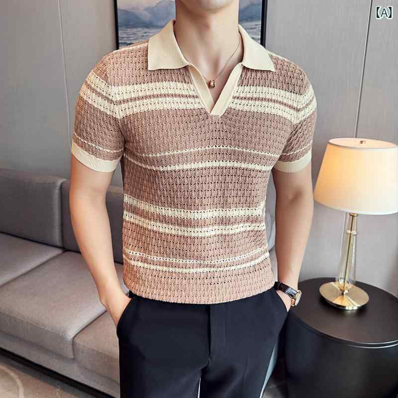 ポロシャツ メンズ スタイリッシュ おしゃれ 紳士服 男性 シャツ 半袖 クール 夏 カジュアル ニット 薄手 ストライプ Vネック