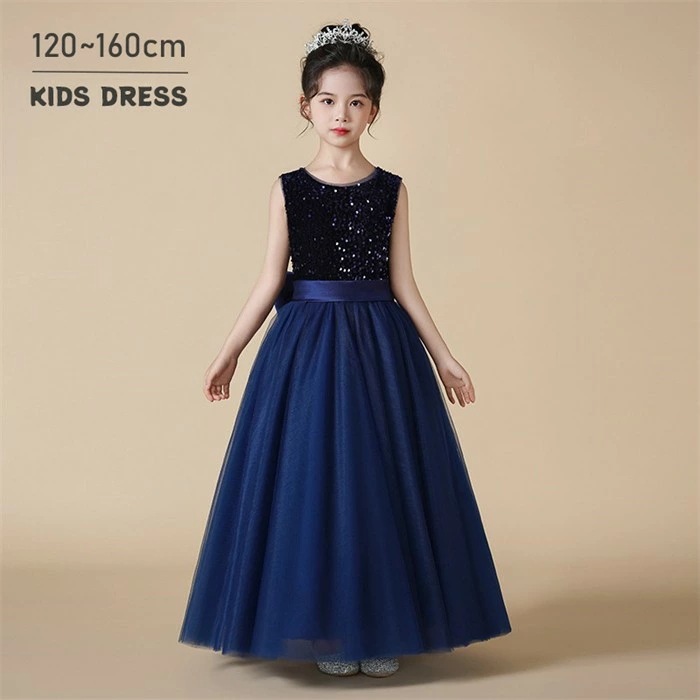 ドレス 発表会 結婚式 女の子 ピアノ発表会 120-160 コンクール フォーマル 袖なし ロング ワンピース 子供 ノースリーブ スパンコール ロングドレス キッズドレス パーティドレス ネイビー 9,938円