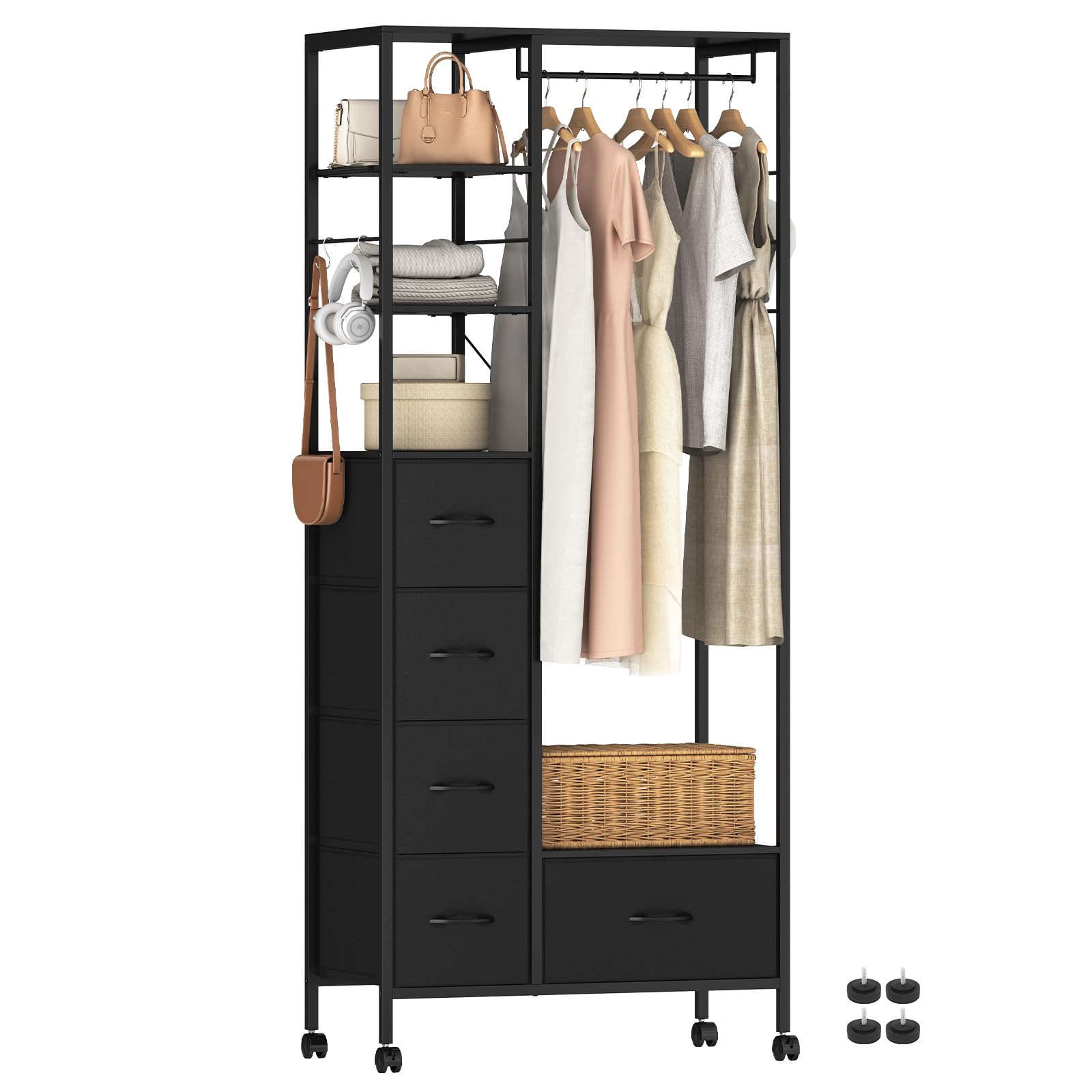 LunarLight ハンガーラック ワードローブ 引き出し付き 大容量 頑丈 全体耐荷重200kg キャスター付き 棚板可動式 収納付き 洋服収納 パイプハンガー 洋服掛け 衣類 衣装 クローゼット