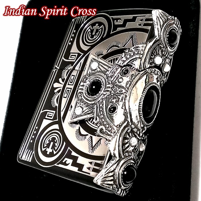 ZIPPO ライター インディアンスピリット ジッポ マッドブラック かっこいい クロス オニキス ハウライト 天然石 おしゃれ 大型3面メタル 彫刻 メンズ レディース ギフト
