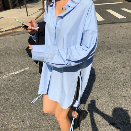 シャツ レディース ブラウス 春 秋 きれいめ おしゃれ チュニック ロング丈 体型カバー サイドリボン 無地 フェミニン ガーリー おしゃれ オトナ女子 きれいめ カジュアル デイリー お出かけ 韓