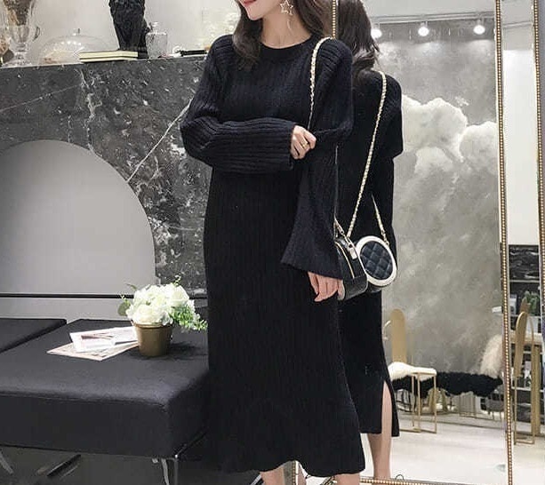 ワンピース セーター プルオーバー ニットスカート ニットワンピース ロング ロング丈 袖あり 長袖 フレアスリーブ 萌袖 ハイネック ワイド リブニット ニット 厚手 かわいい 大人可愛い きれいめ