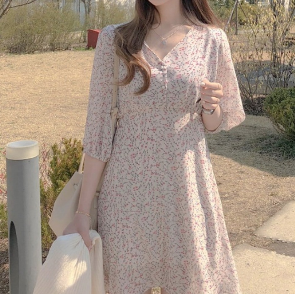 ワンピース デート かわいい 大人可愛い きれいめ シンプル カジュアル 大人 上品 おしゃれ 花柄 長袖 Vネック ミニ丈 Ａライン フレア ウエストマーク ピンク XL 韓国 モテ コーデ 春夏