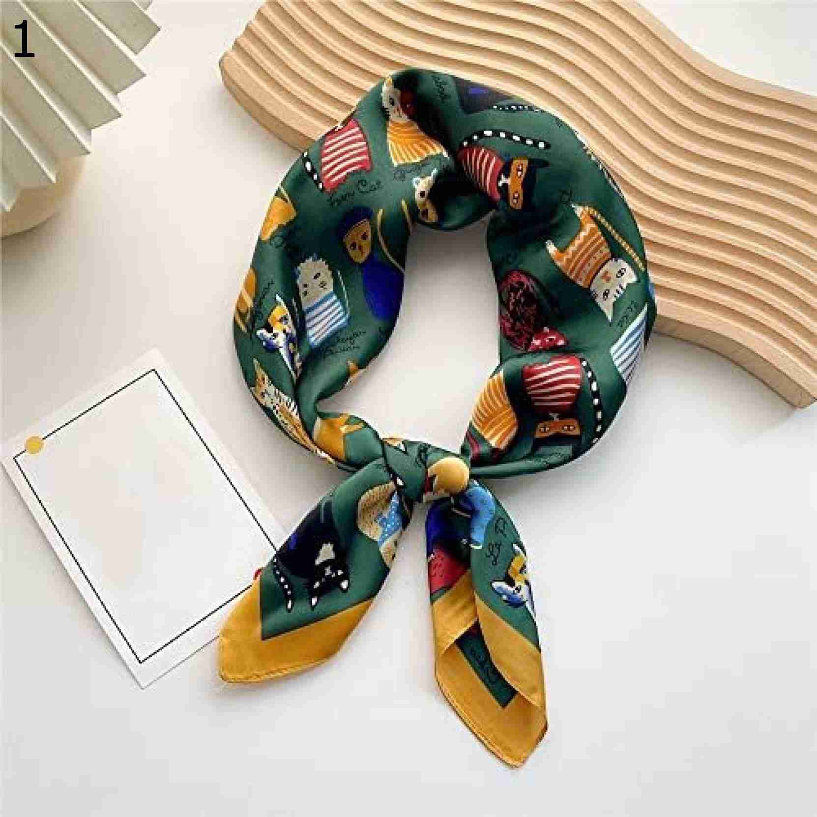 【20%OFFクーポン～】女性ヒジャーブショールかわいい猫プリントカジュアルサテン小さな正方形ラップスカーフ多機能ポリエステルスカーフ スカーフ (Color : Green Size : 70x