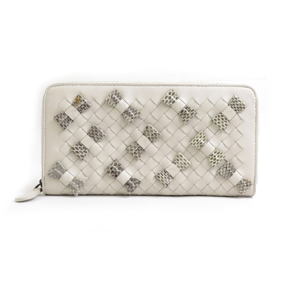 ボッテガヴェネタ BOTTEGAVENETA ラウンドファスナー長財布 レザー/パイソン オフホワイト レディース h30666j
